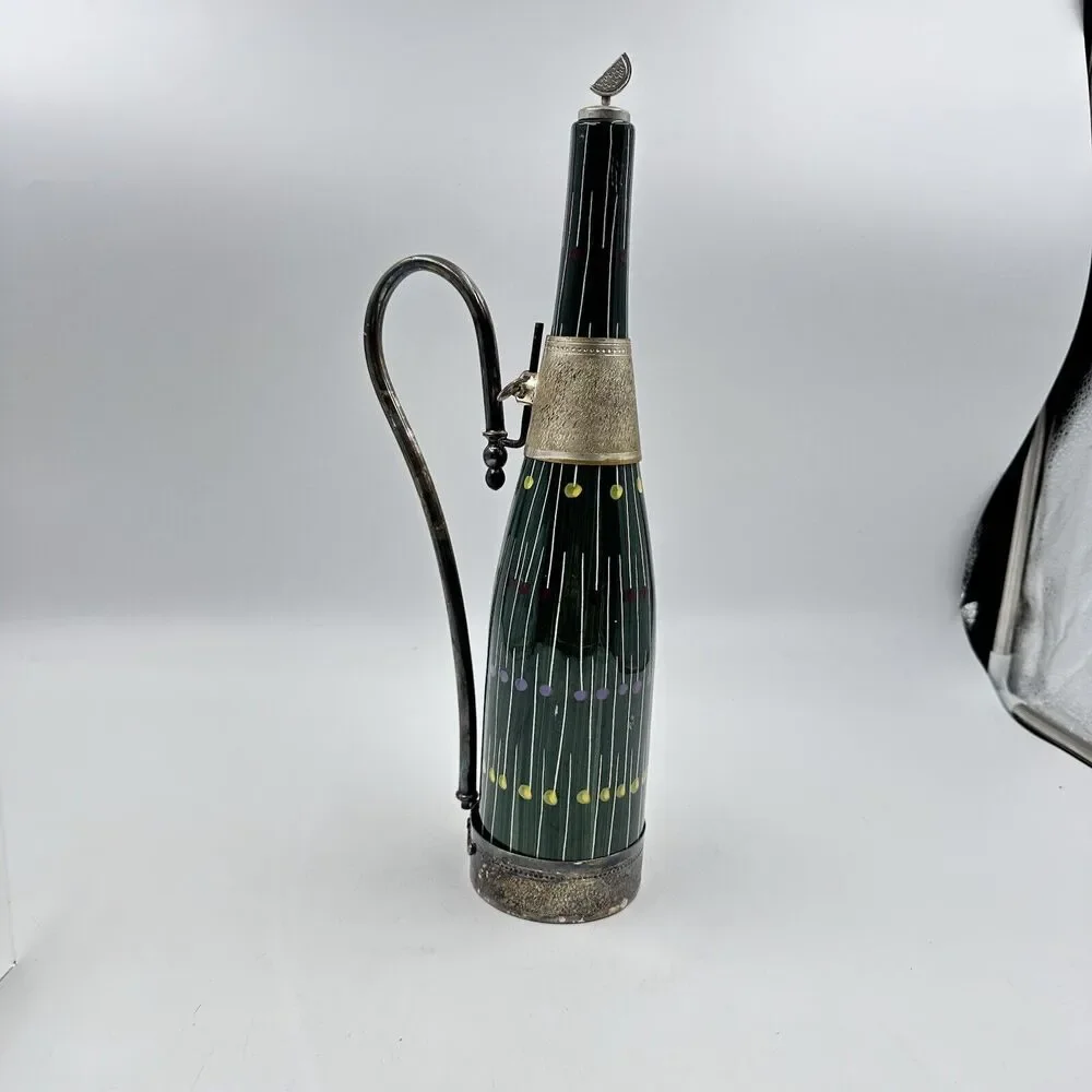 Vintage Ferri Marmaca Italian Ceramic Wine Pitcher Jug Metal Silver Holder 1940s